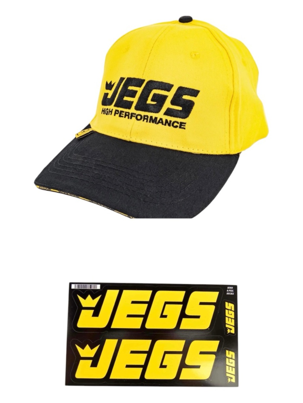Jegs Black and Yellow High Performance Hat and Sticker Bundle